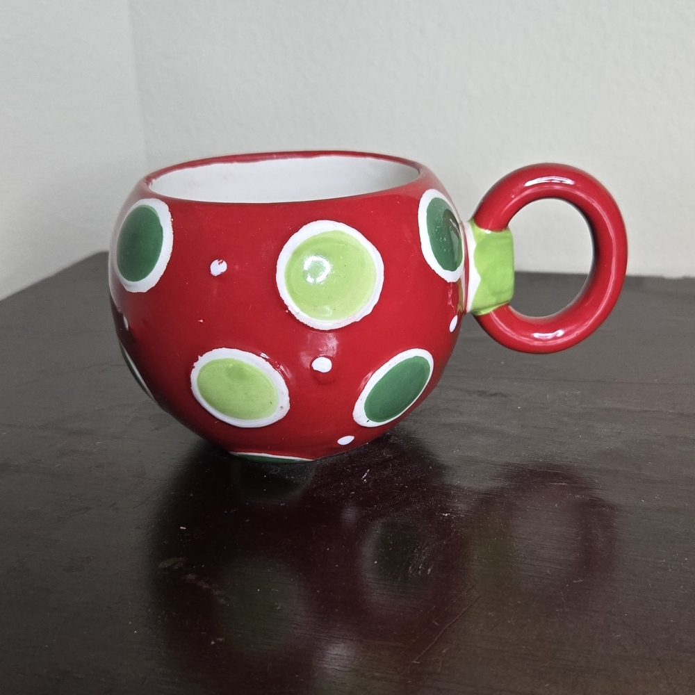 Earthenware Christmas Large Mug Red with Green & White Dots
